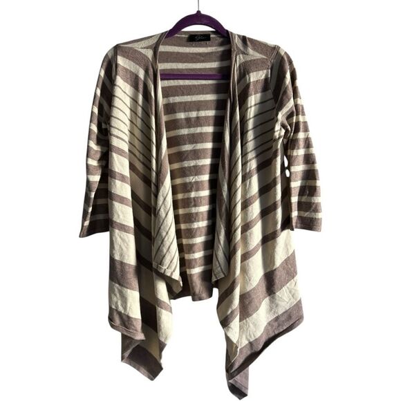 Cyrus Cream Brown Striped Asymmetrical Open afront Cardigan Size M Contemporary - Picture 1 of 10